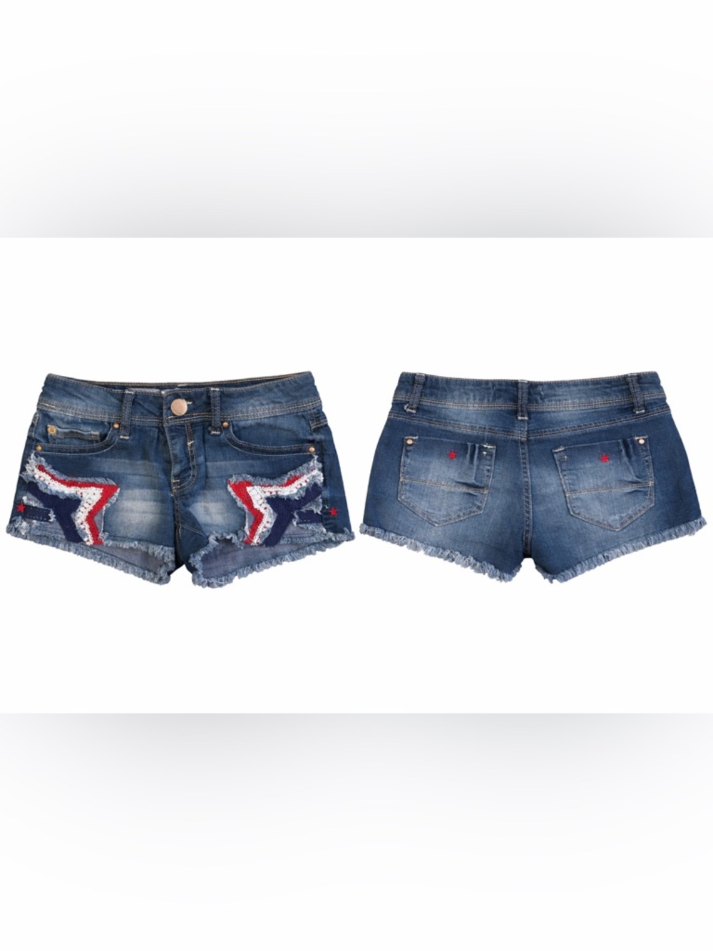 No Boundaries Denim Shorts Size 3 Patriotic Star Distressed Low‎ Rise Cutoff - Picture 2 of 2